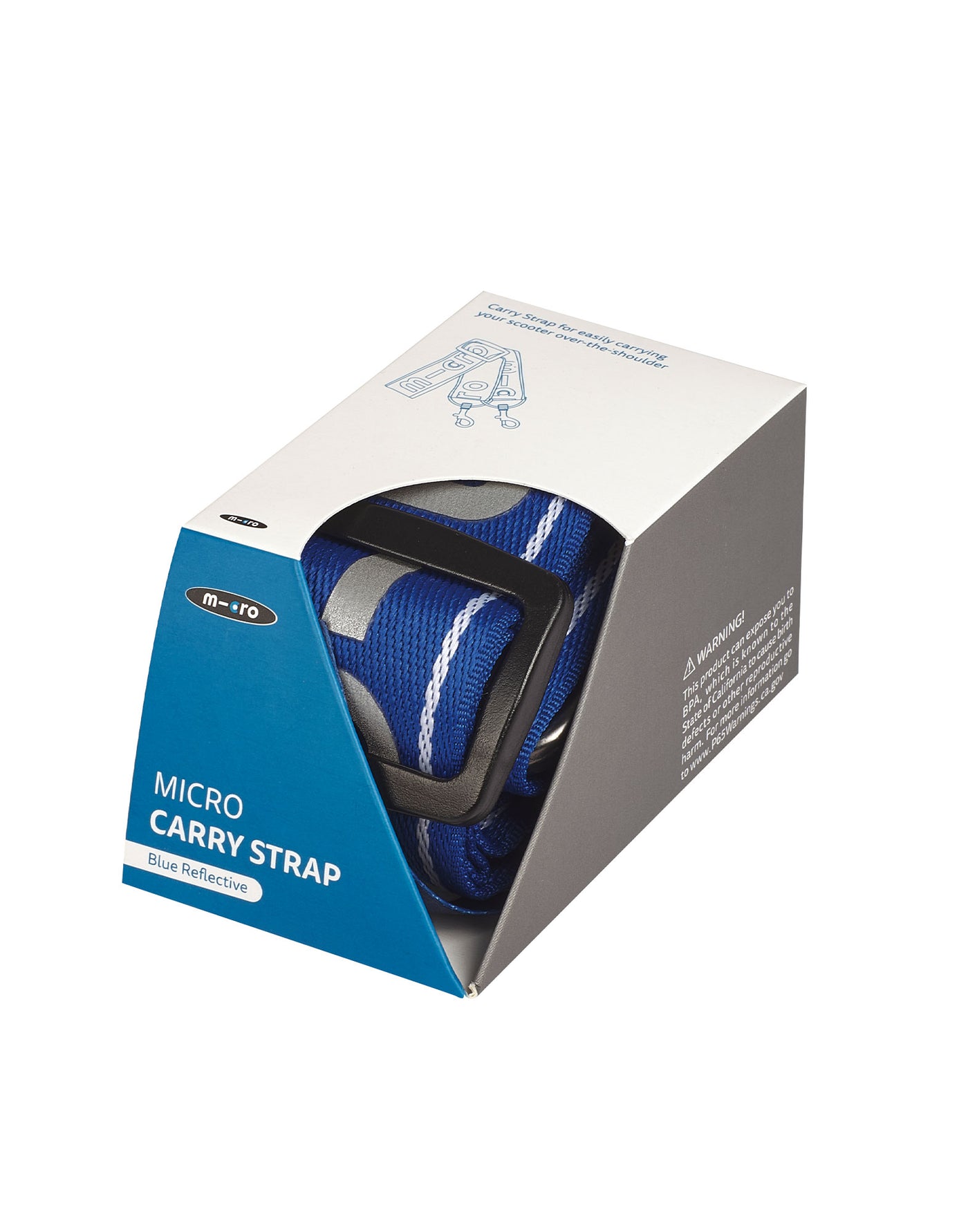 blue micro scooter carry strap in a box