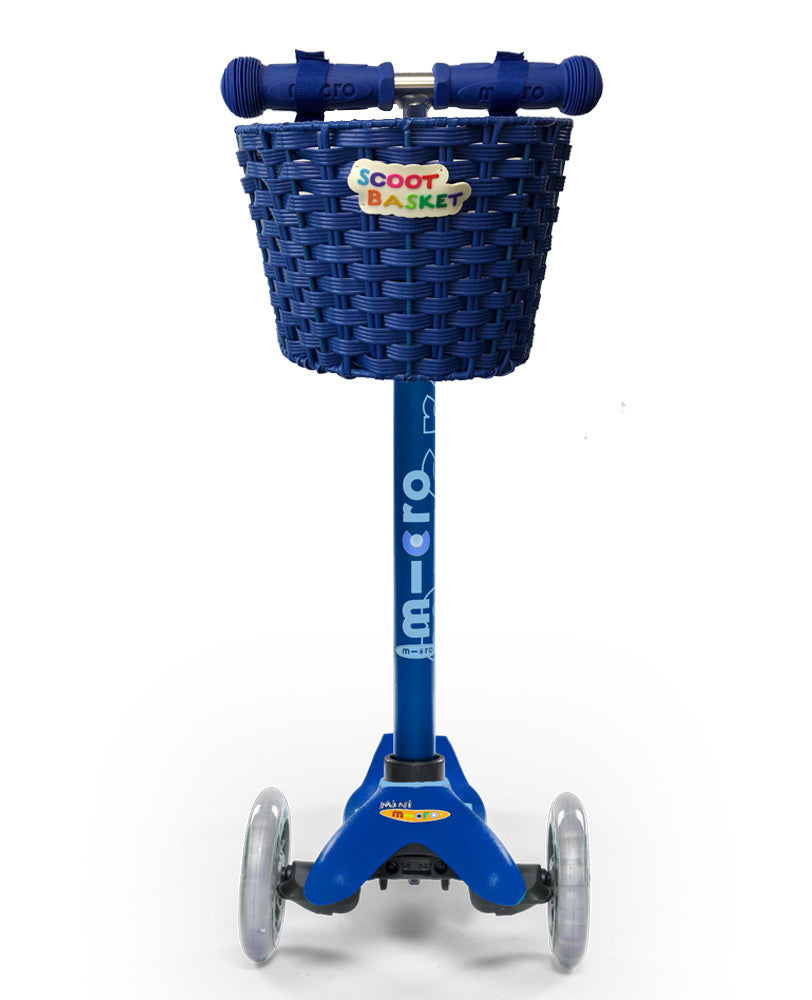 blue scoot basket attached to preschool scooter