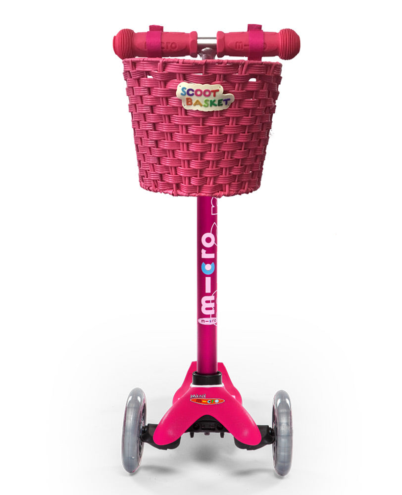 pink scoot basket attached to preschool scooter