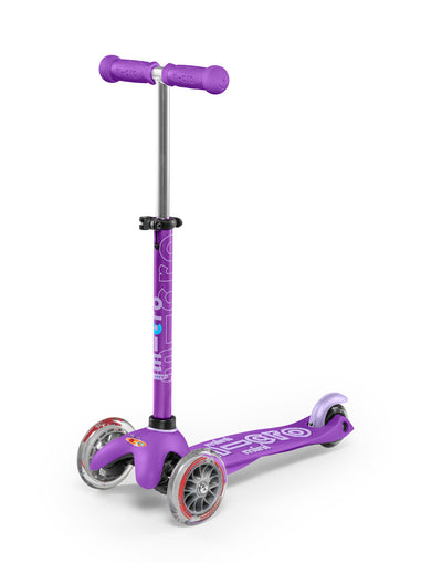 purple mini deluxe 3 wheel scooter front angle