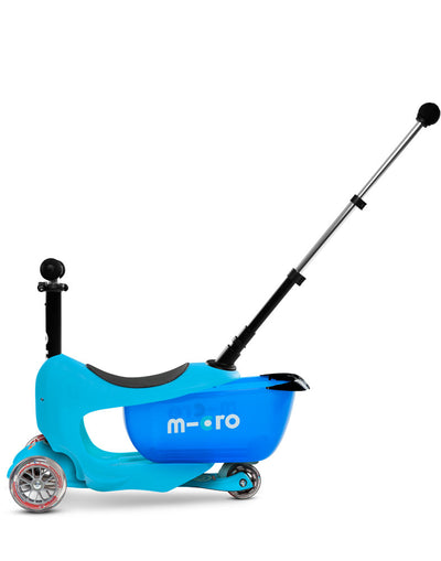 blue mini2go deluxe plus ride on scooter with removable storage drawer