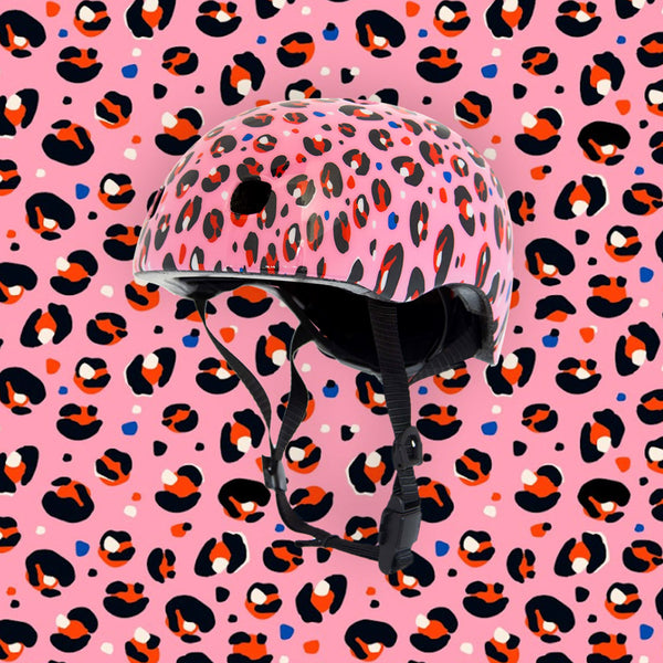 pink leopard kids scooter and bike helmet