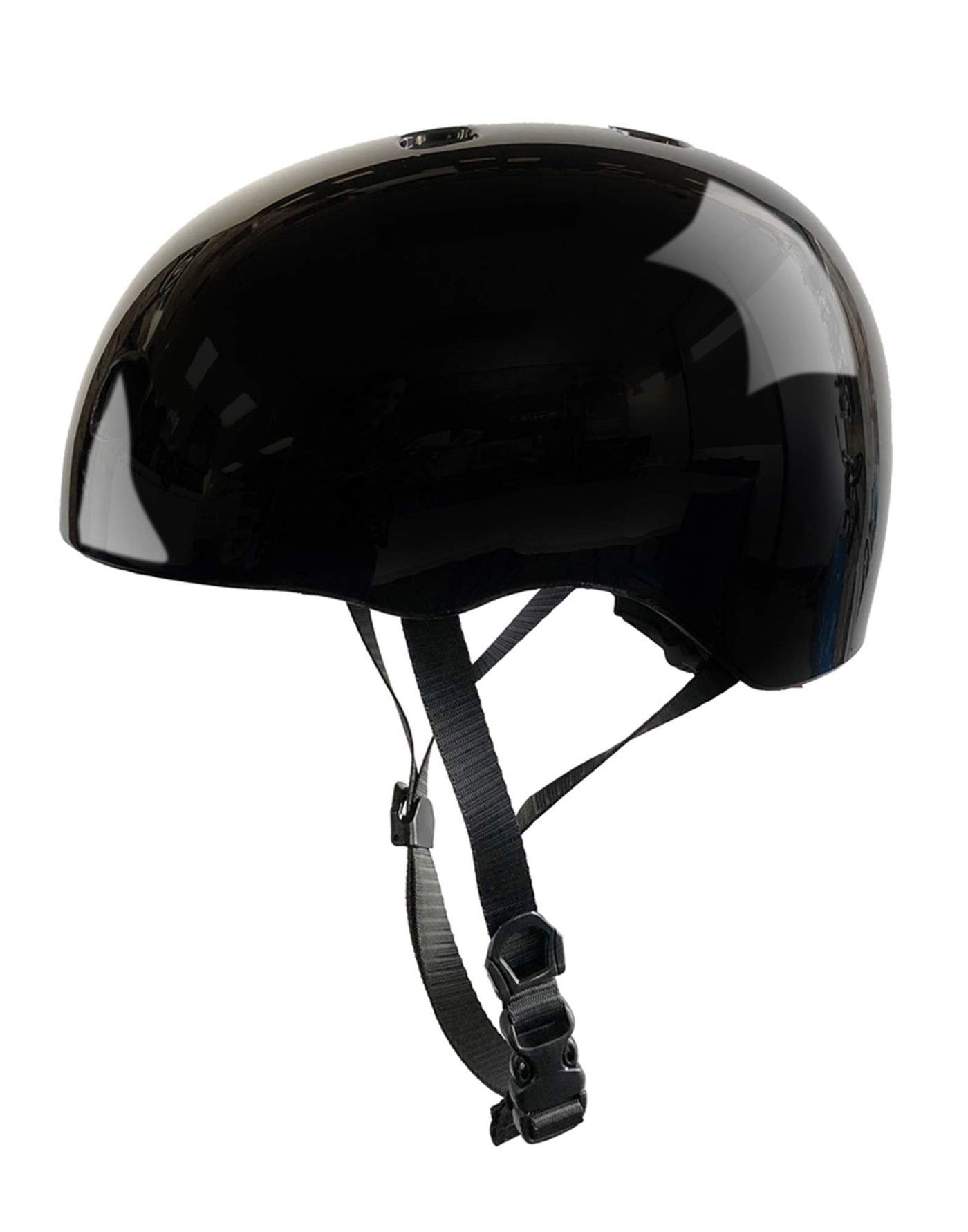 side on view of black glossy kids helmet