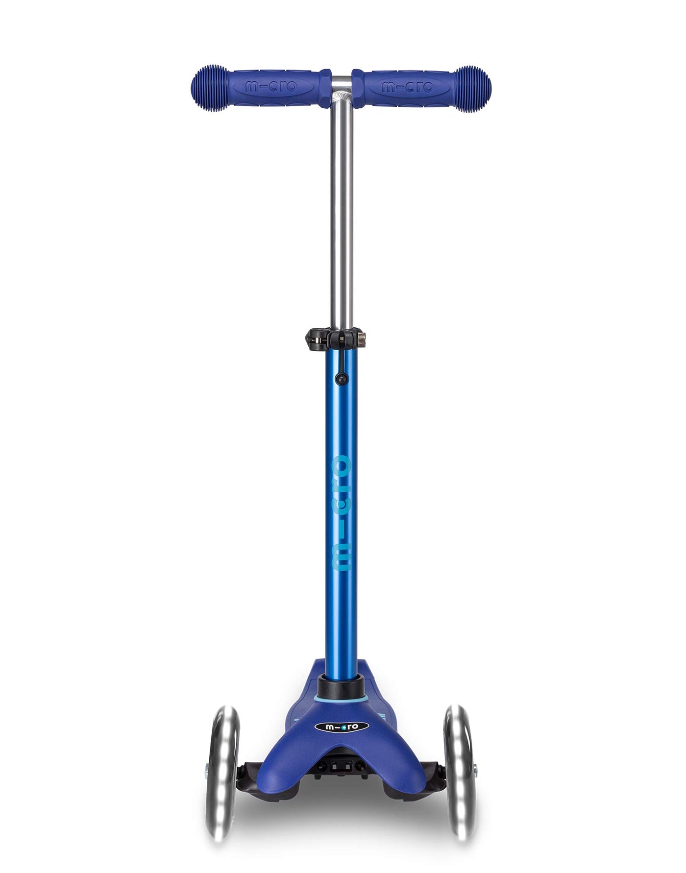 blue mini deluxe scooter with led wheels front