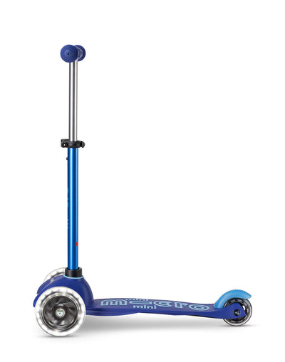 blue mini deluxe scooter with led wheels side