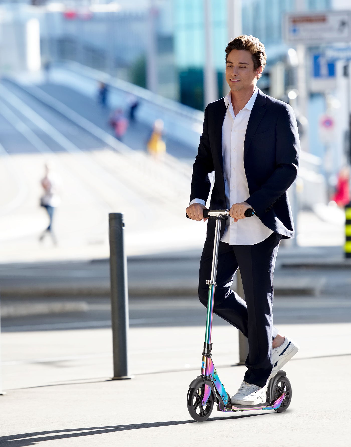 business man commuting on Micro Classic Neochrome Scooter