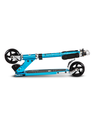 blue rocket 2 wheel scooter with wide wheels folded