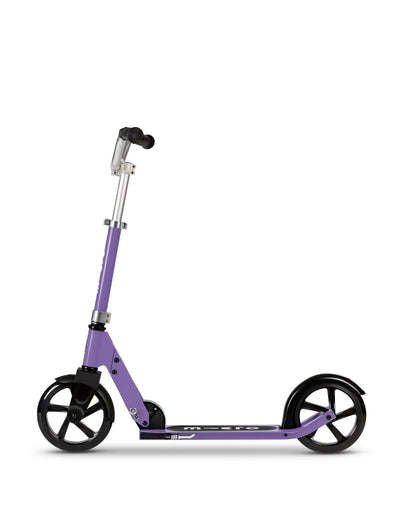 purple cruiser 2 wheel kids scooter with large wheels side on