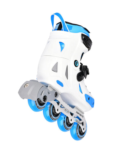 blue and white infinite inline skates rear view