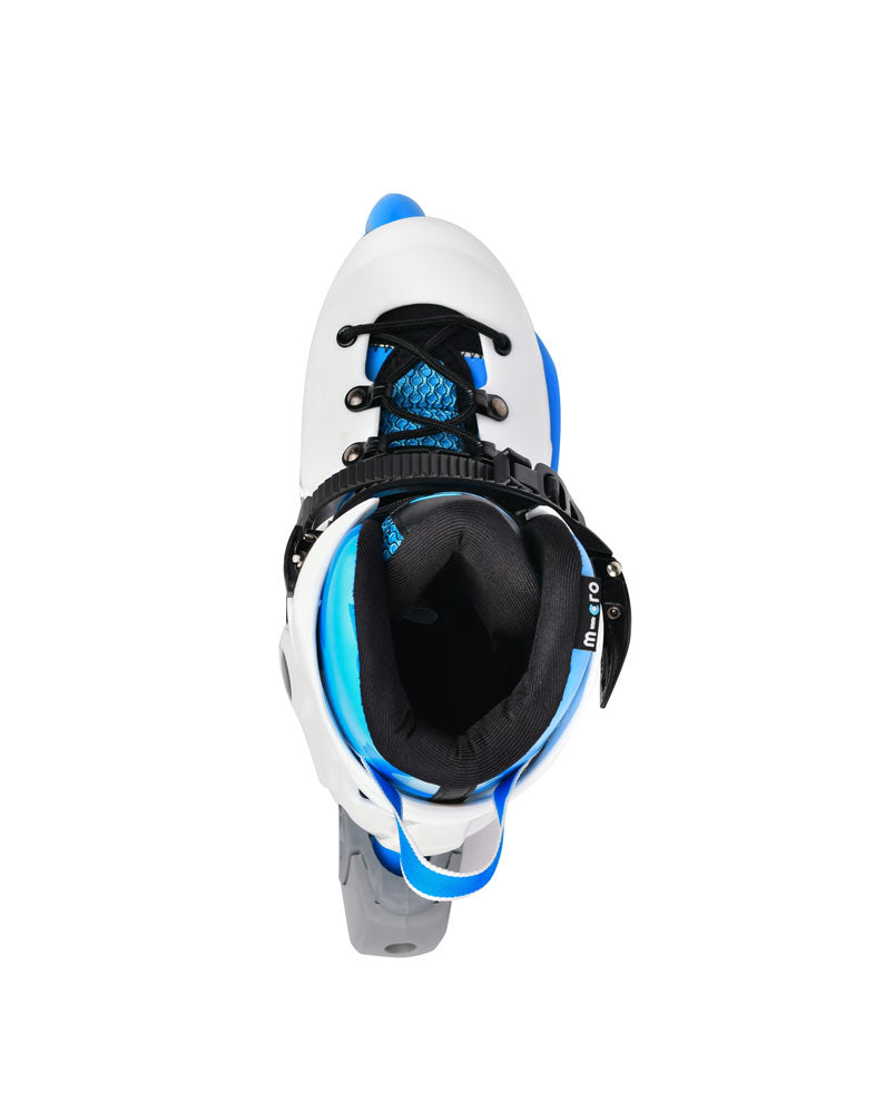 blue and white infinite inline skates top view