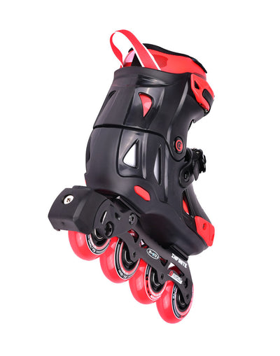 red and black infinite inline skates rear view