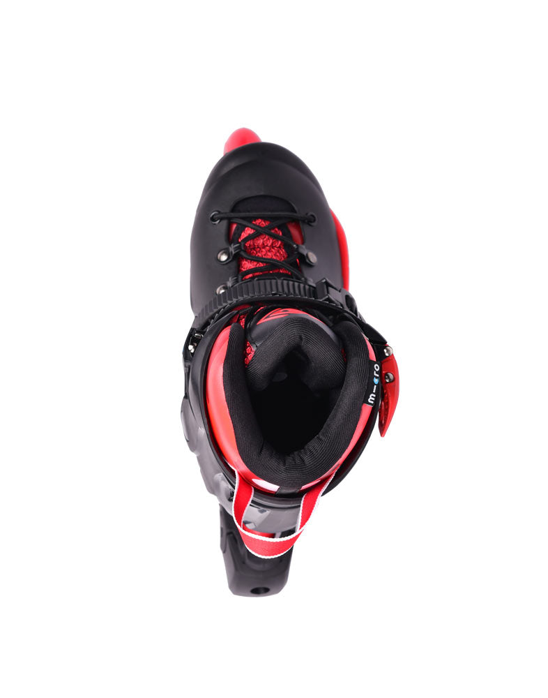 red and black infinite inline skates top view