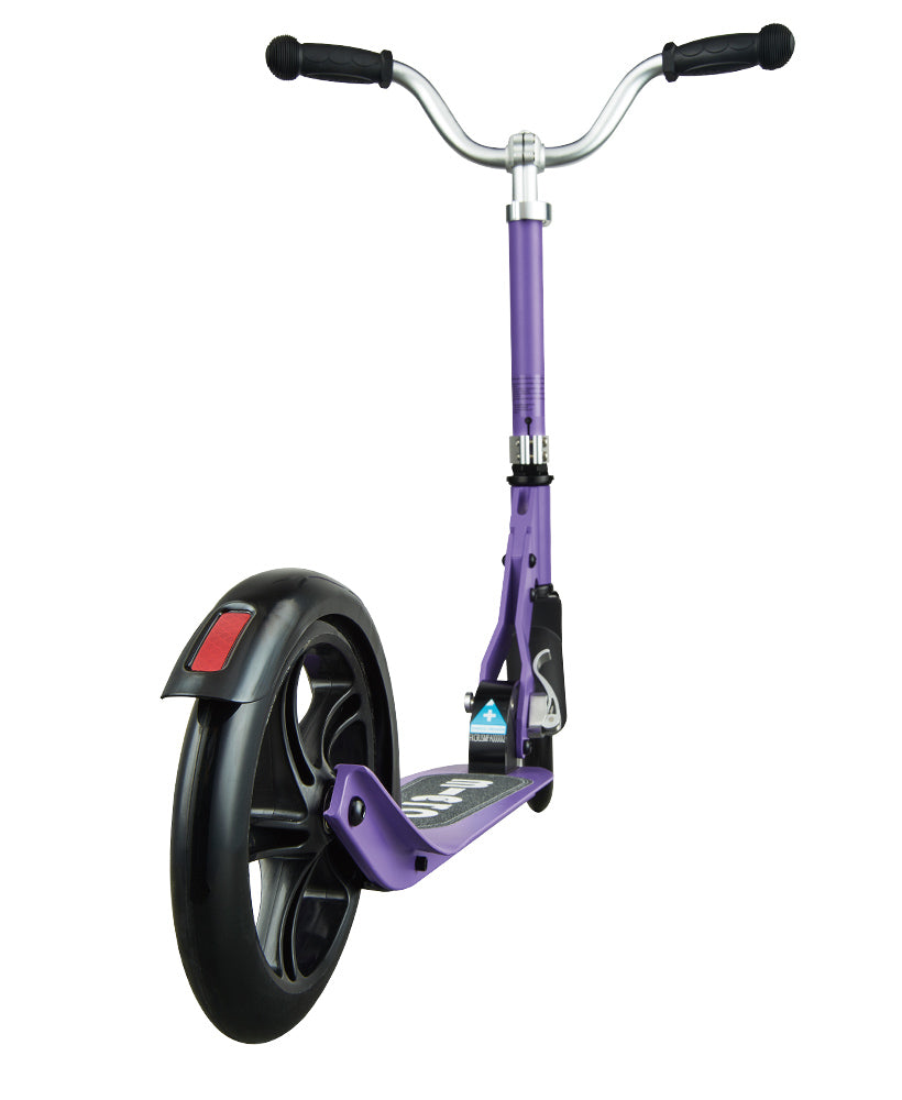 purple cruiser 2 wheel kids scooter with large wheels rear view