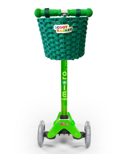 green scoot basket attached to preschool scooter