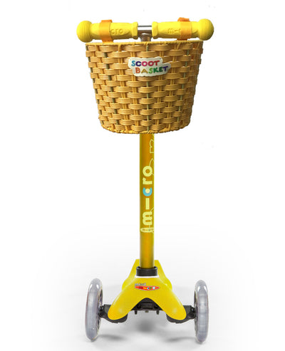 yellow scoot basket attached to preshool scooter