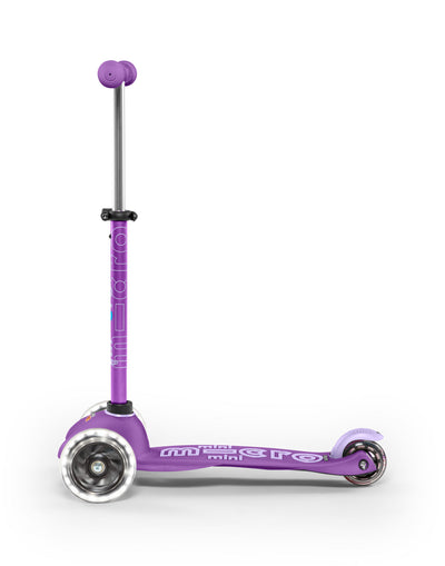 purple mini deluxe scooter with led wheels side view