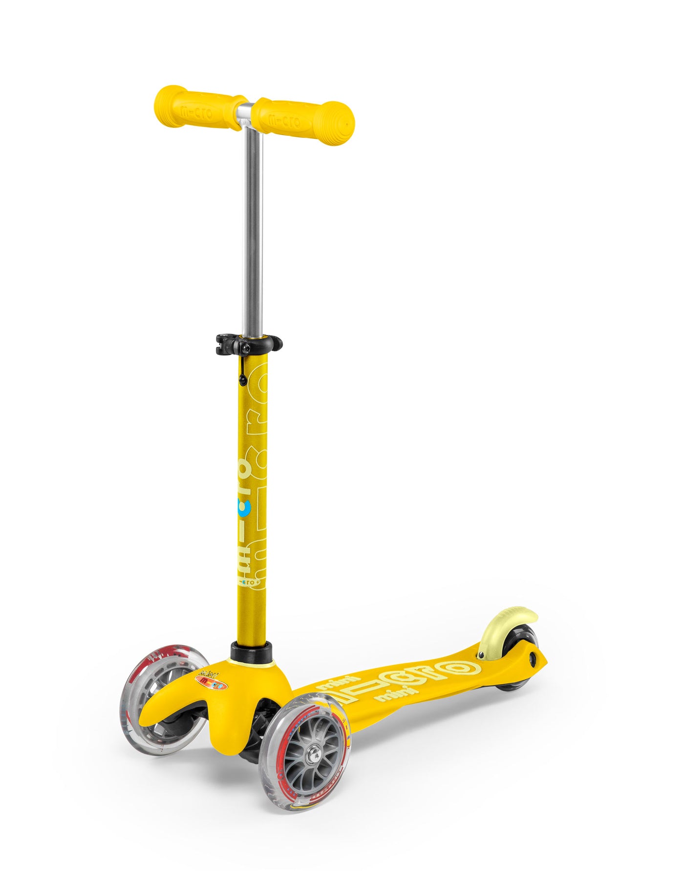 yellow mini deluxe 3 wheel scooter front angle
